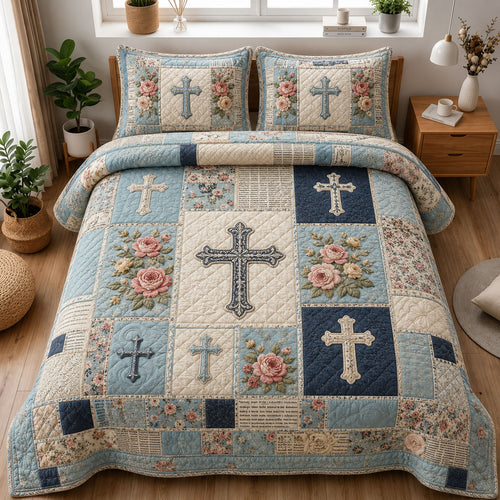 Blue Rose Cross Christian Patchwork 3-Piece Quilted Bedding Set GFTOHNL1156