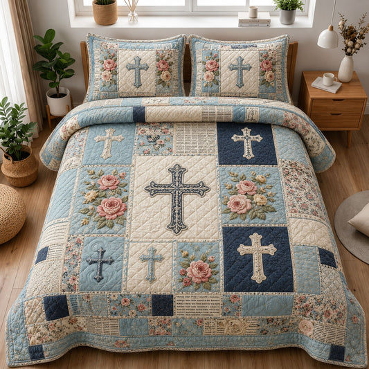 Blue Rose Cross Christian Patchwork 3-Piece Quilted Bedding Set GFTOHNL1156