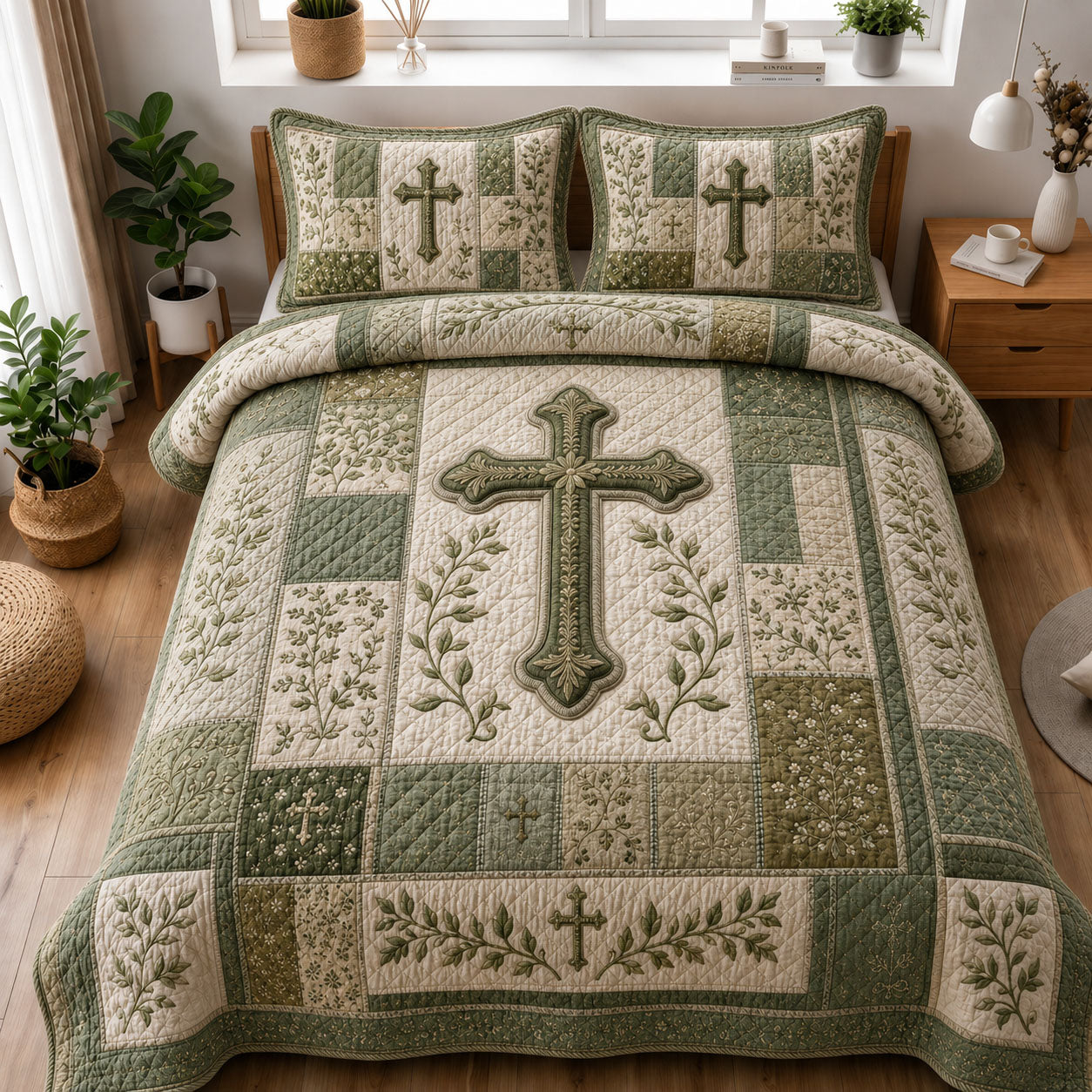 Sage Green Botanical Cross Christian 3-Piece Quilted Bedding Set GFTOHNL1157