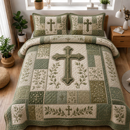 Sage Green Botanical Cross Christian 3-Piece Quilted Bedding Set GFTOHNL1157