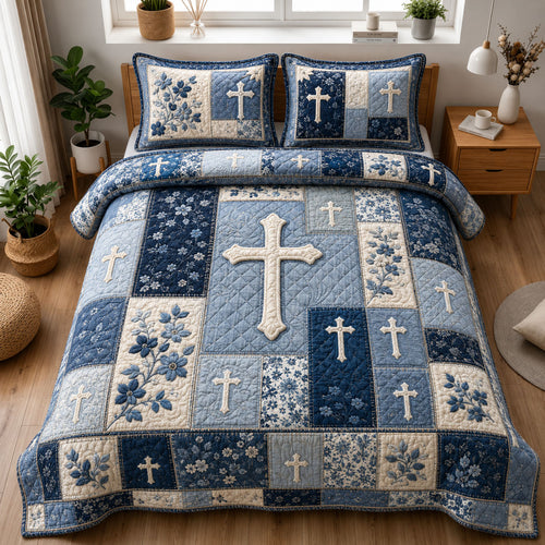 Blue Floral Cross Farmhouse Christian 3-Piece Quilted Bedding Set GFTOHNL1158
