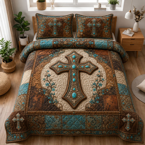 Turquoise Western Cross Christian 3-Piece Quilted Bedding Set GFTOHNL1159