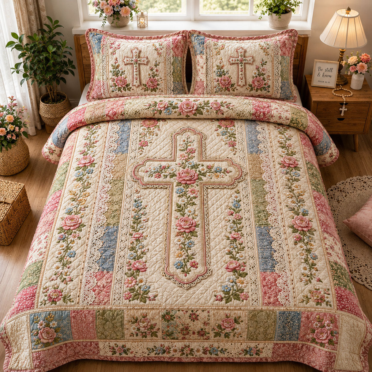 Vintage Floral Lace Cross Christian 3-Piece Quilted Bedding Set GFTOHNL1160