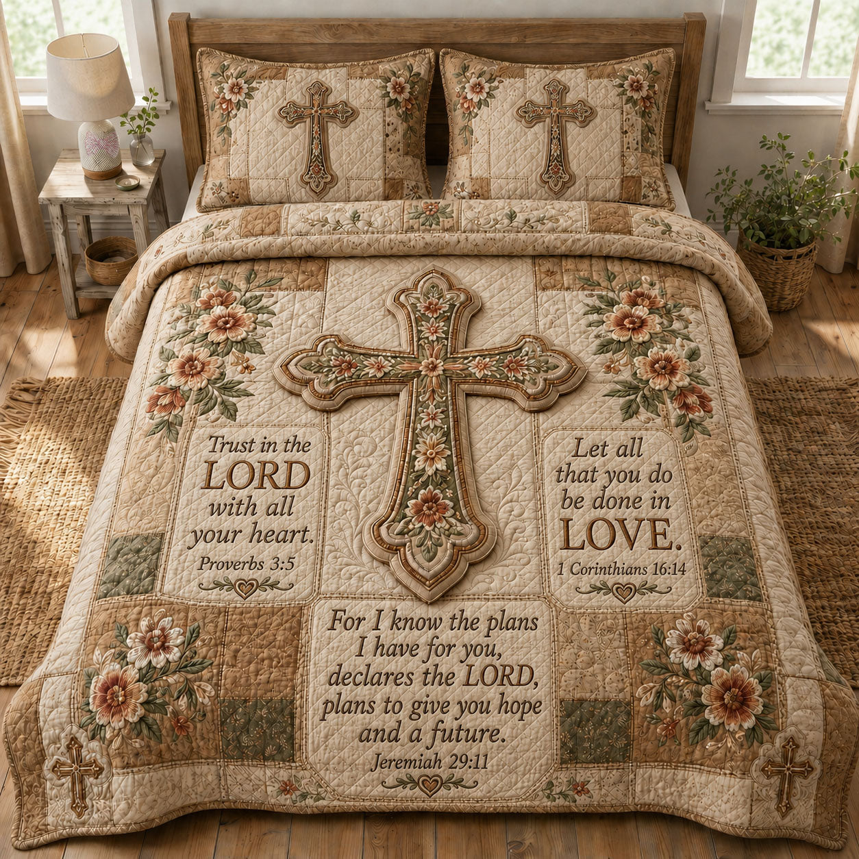 Scripture Cross Christian 3-Piece Quilted Bedding Set GFTOHNL1161