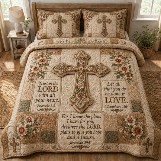 Scripture Cross Christian 3-Piece Quilted Bedding Set GFTOHNL1161