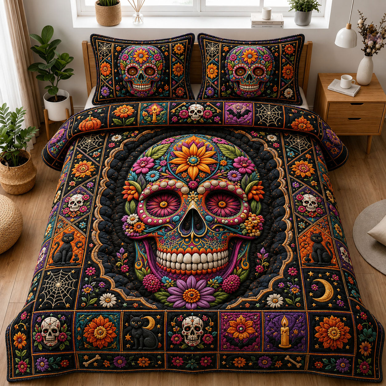 Fiesta Sugar Skull Halloween 3-Piece Quilted Bedding Set GFTOHNL1162