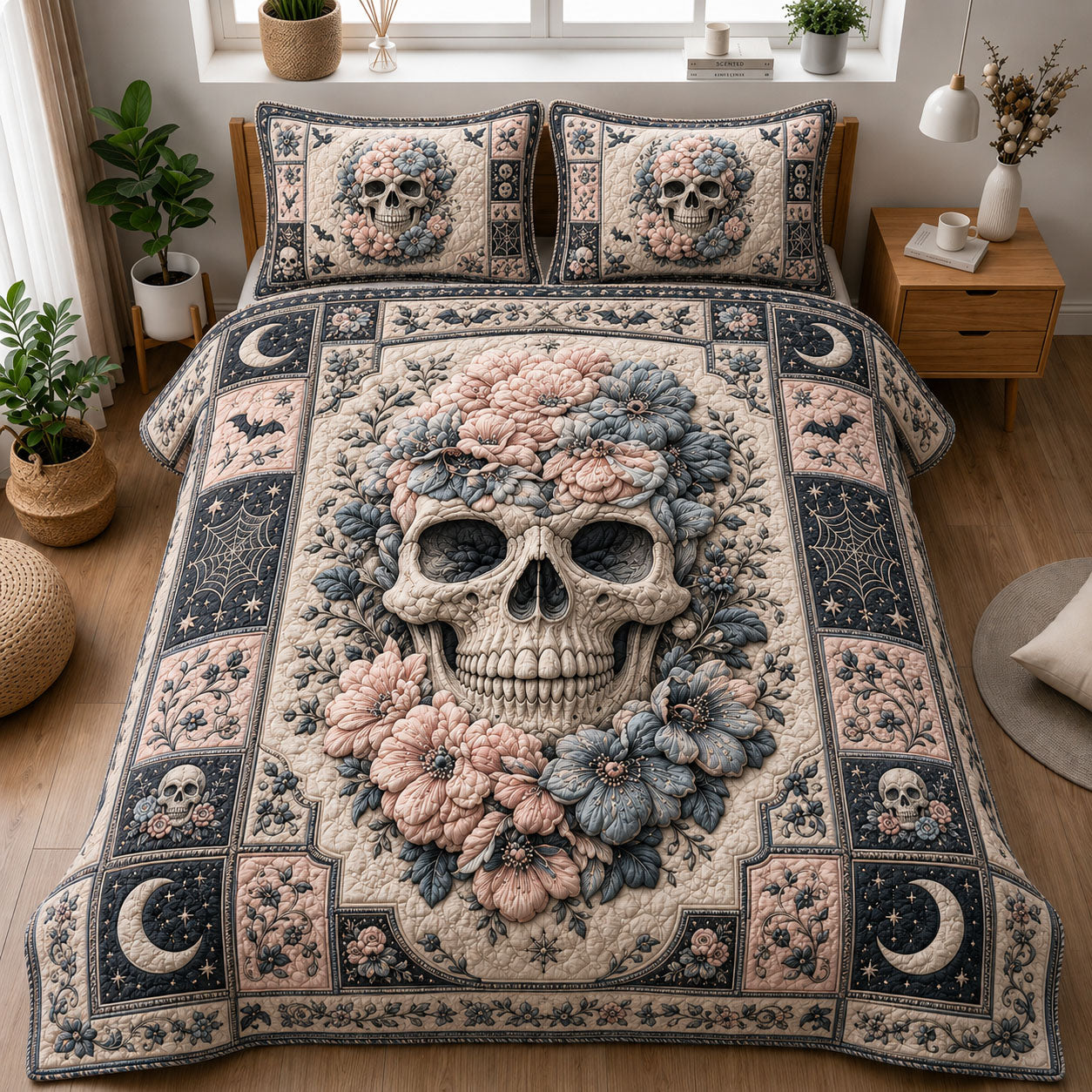 Blush Gothic Floral Skull 3-Piece Quilted Bedding Set GFTOHNL1163