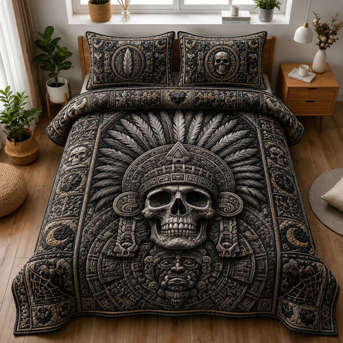 Ancient Aztec Skull Headdress 3-Piece Quilted Bedding Set GFTOHNL1164