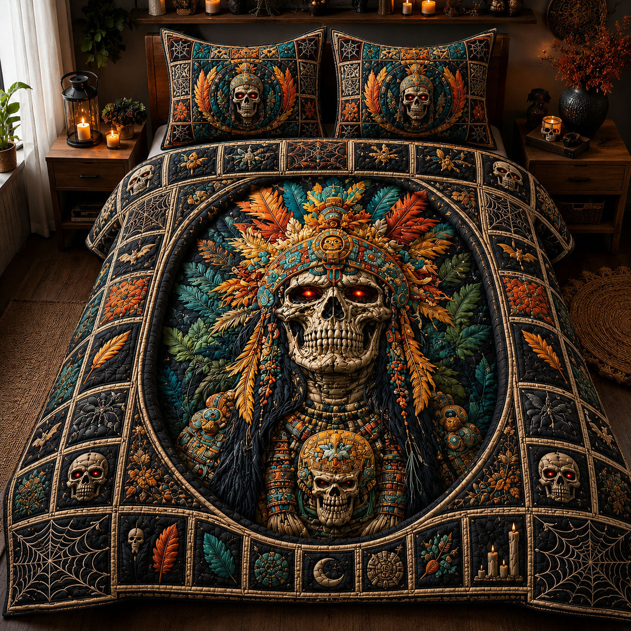 Tribal Skull Warrior Halloween 3-Piece Quilted Bedding Set GFTOHNL1165