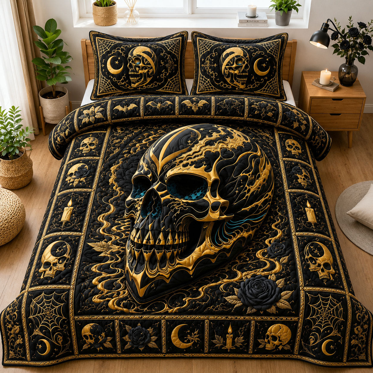 Midnight Gold Gothic Skull 3-Piece Quilted Bedding Set GFTOHNL1166