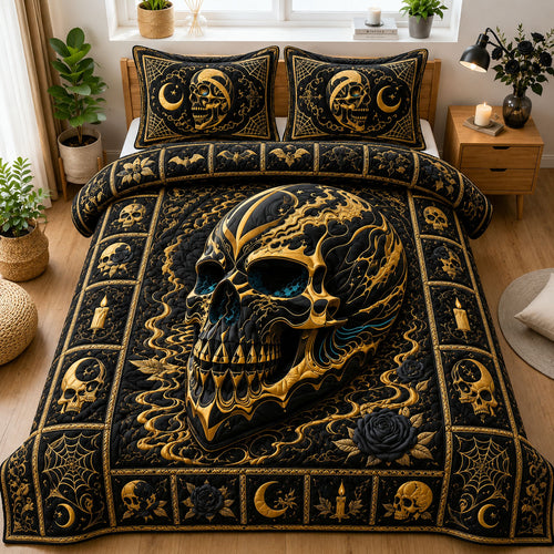 Midnight Gold Gothic Skull 3-Piece Quilted Bedding Set GFTOHNL1166