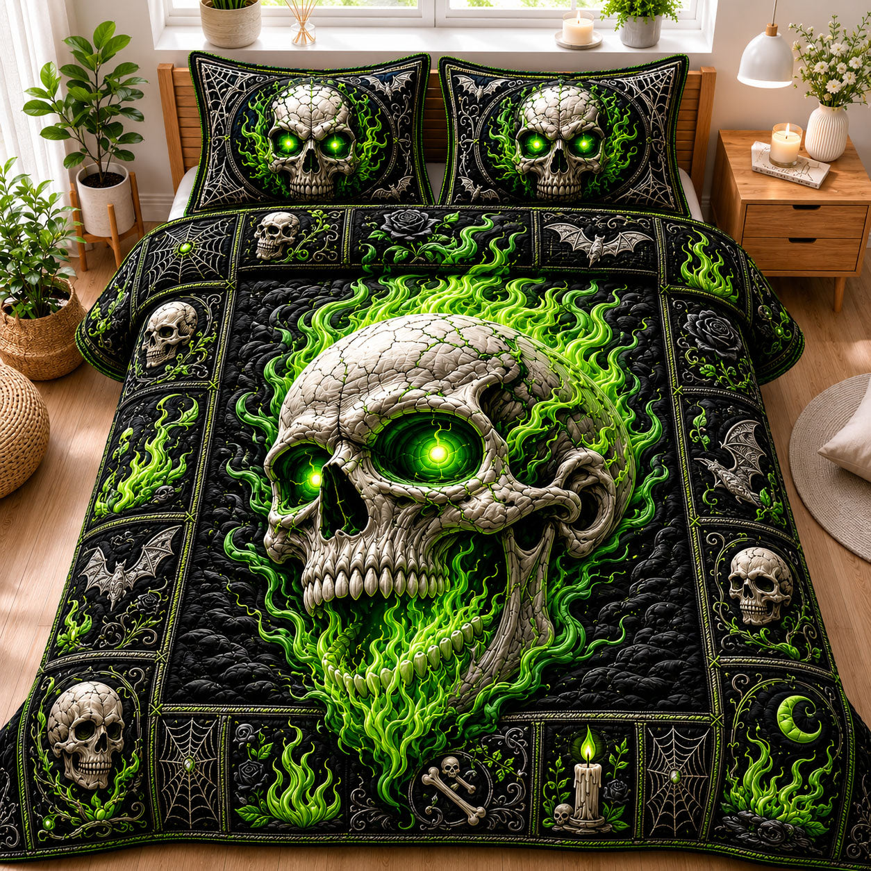 Green Flame Skull Halloween 3-Piece Quilted Bedding Set GFTOHNL1167