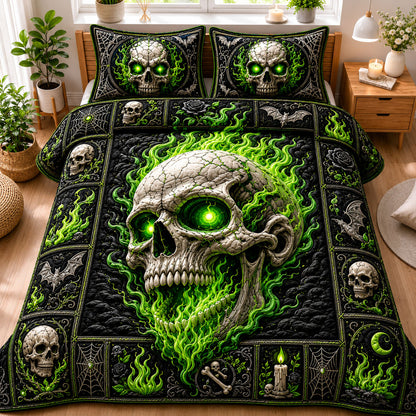 Green Flame Skull Halloween 3-Piece Quilted Bedding Set GFTOHNL1167