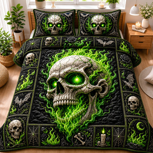 Green Flame Skull Halloween 3-Piece Quilted Bedding Set GFTOHNL1167
