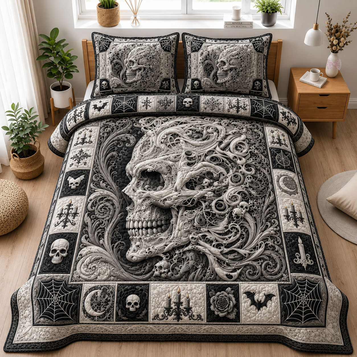 Ornamental Monochrome Skull 3-Piece Quilted Bedding Set GFTOHNL1168