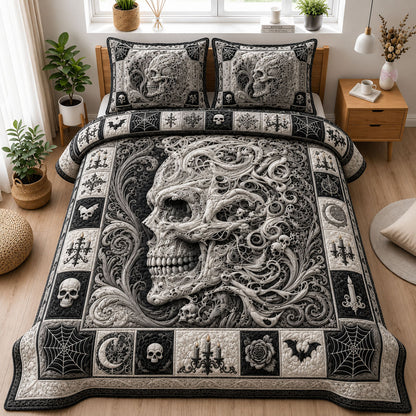 Ornamental Monochrome Skull 3-Piece Quilted Bedding Set GFTOHNL1168