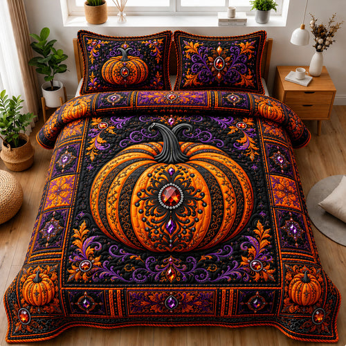 Jeweled Gothic Pumpkin 3-Piece Quilted Bedding Set GFTOHNL1204