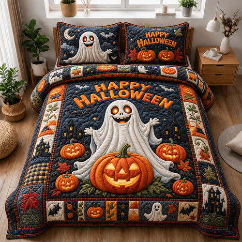 Happy Halloween Ghost Pumpkin 3-Piece Quilted Bedding Set GFTOHNL1205