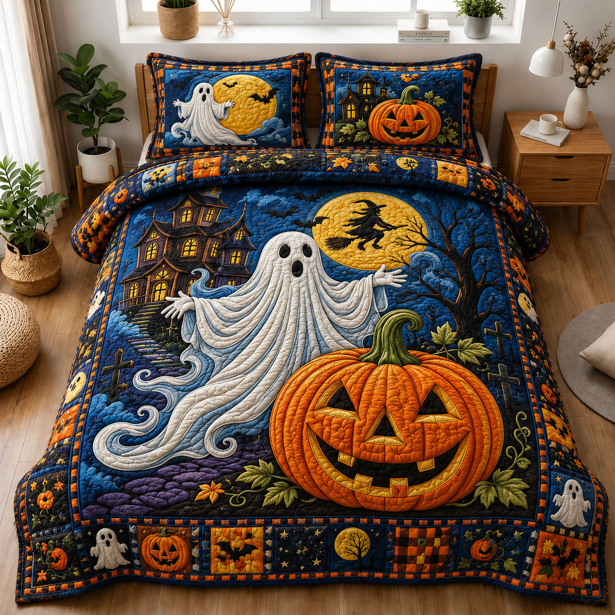 Moonlit Ghost Pumpkin Patch 3-Piece Quilted Bedding Set GFTOHNL1207