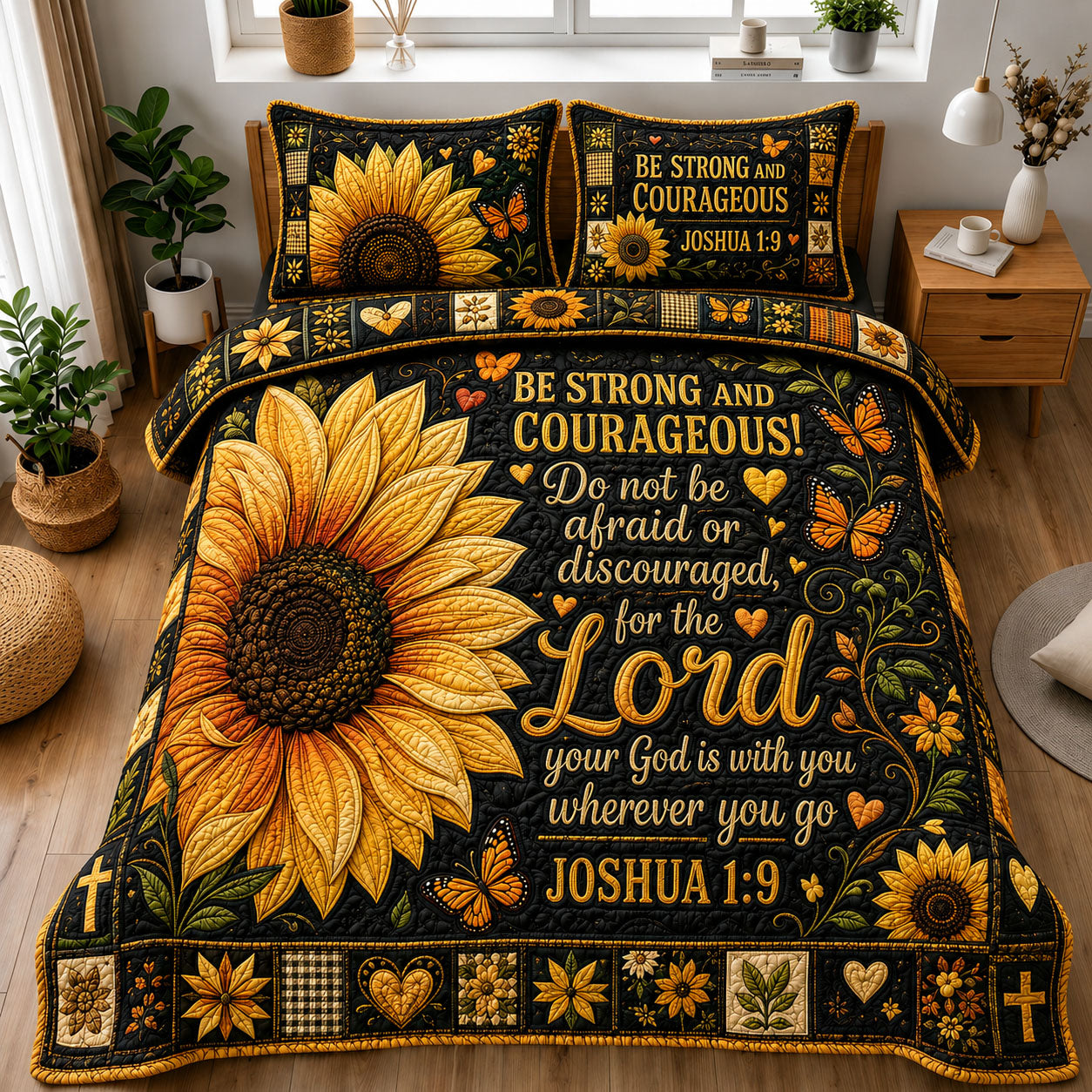 Be Strong and Courageous Sunflower 3-Piece Quilted Bedding Set GFTOHNL1224