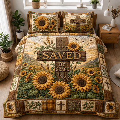 Saved by Grace Rustic Sunflower Cross 3-Piece Quilted Bedding Set GFTOHNL1225