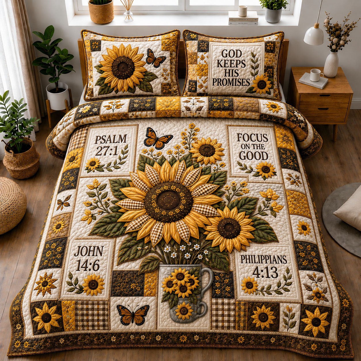 God Keeps His Promises Sunflower 3-Piece Quilted Bedding Set GFTOHNL1227