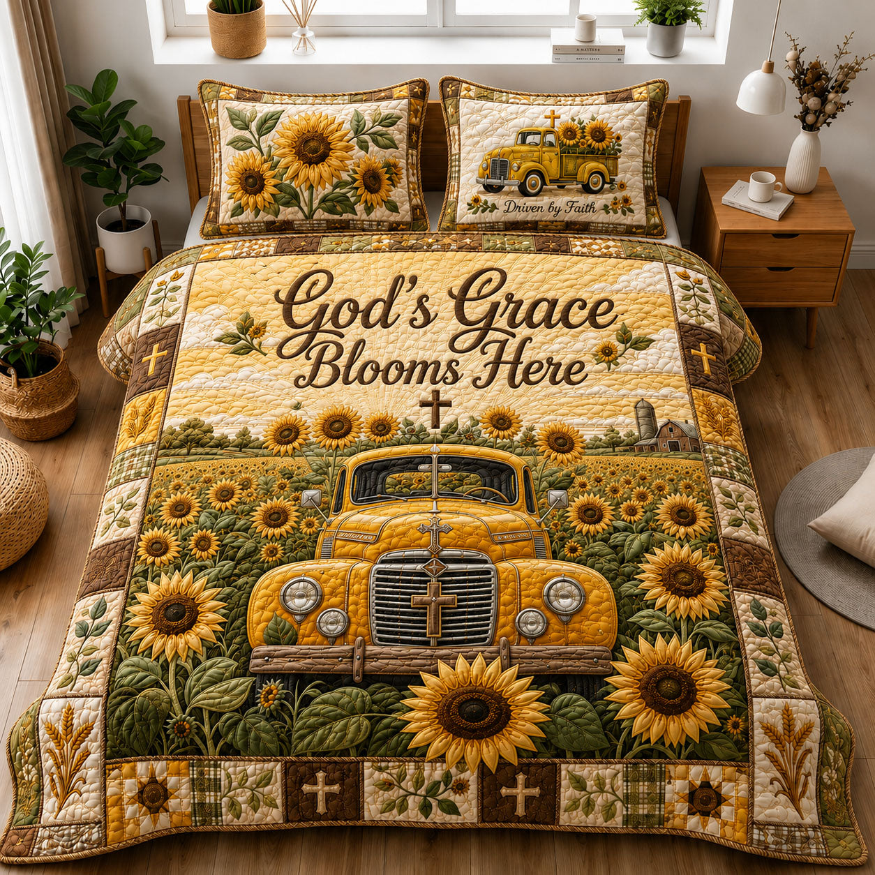 Gods Grace Blooms Here Sunflower Truck 3-Piece Quilted Bedding Set GFTOHNL1228