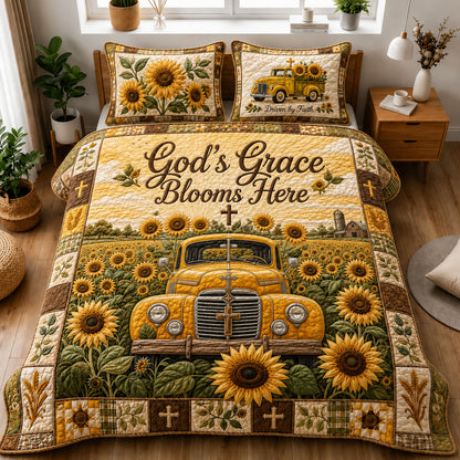 Gods Grace Blooms Here Sunflower Truck 3-Piece Quilted Bedding Set GFTOHNL1228