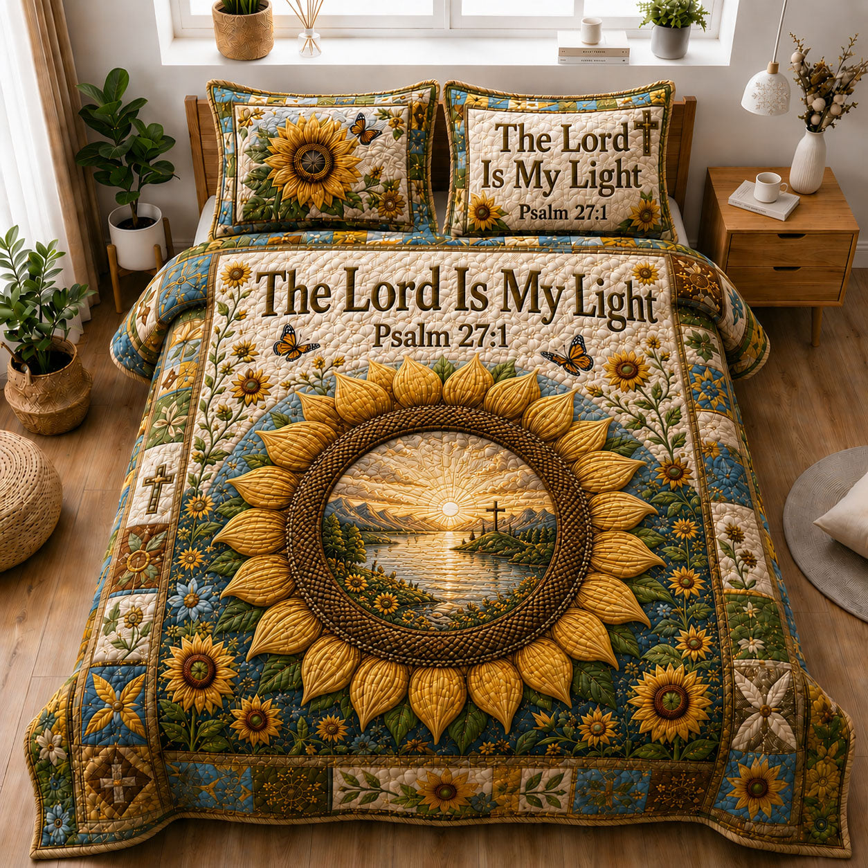 The Lord Is My Light Sunflower 3-Piece Quilted Bedding Set GFTOHNL1229