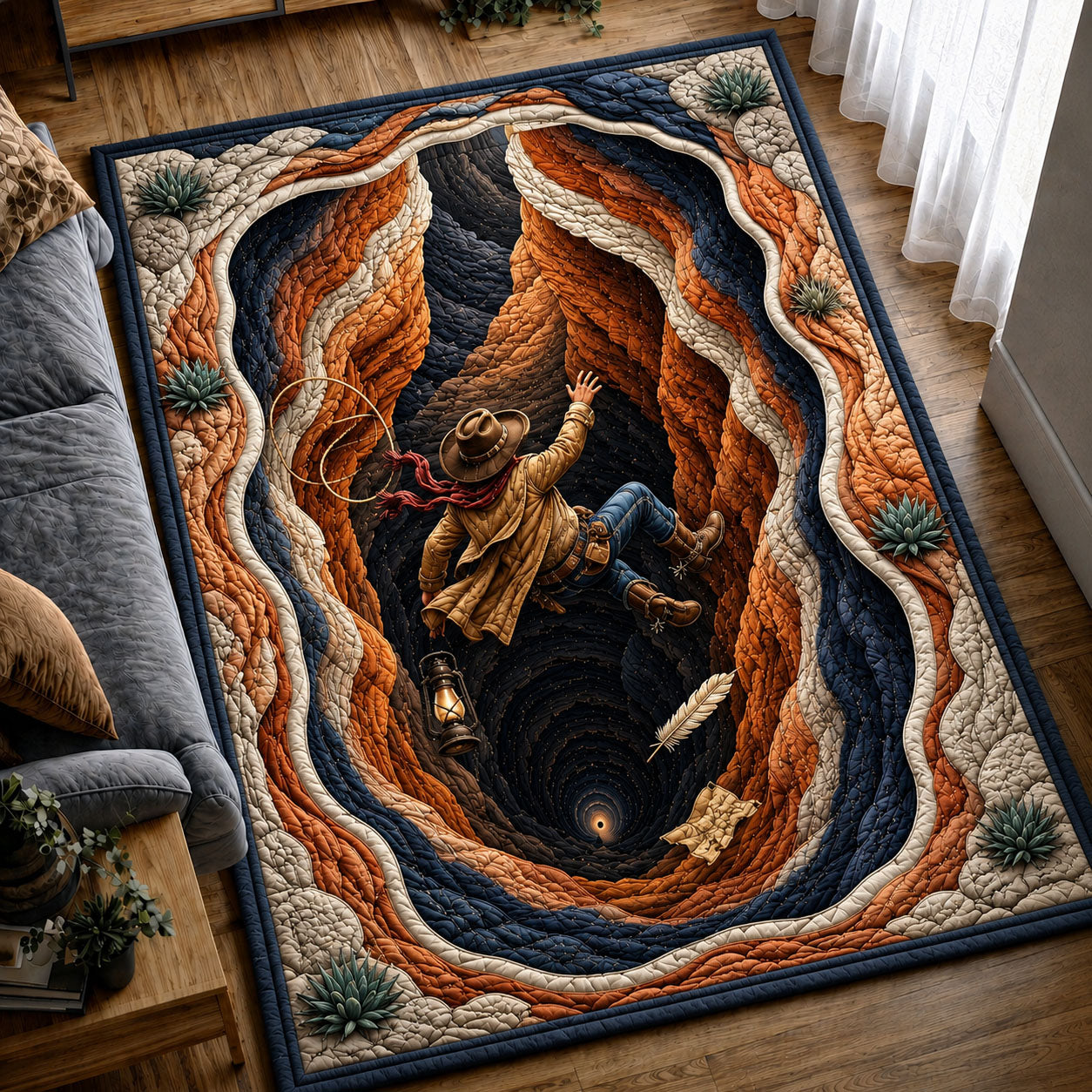 Cowboy Falling Through Canyon Spiral Area Rug GFTOHNL1255