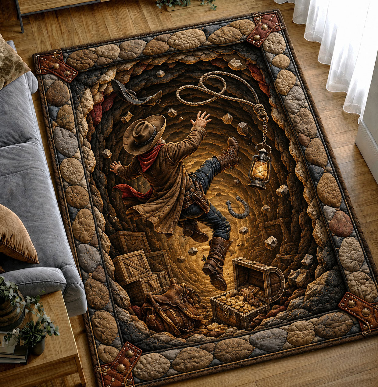 Cowboy Falling Into Hidden Treasure Cave Area Rug GFTOHNL1256