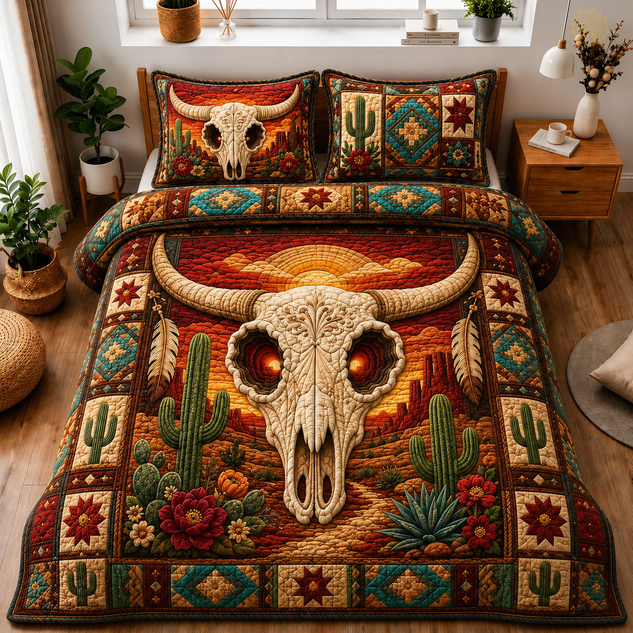 Southwestern Longhorn Skull Sunset 3-Piece Quilted Bedding Set GFTOHNL1258
