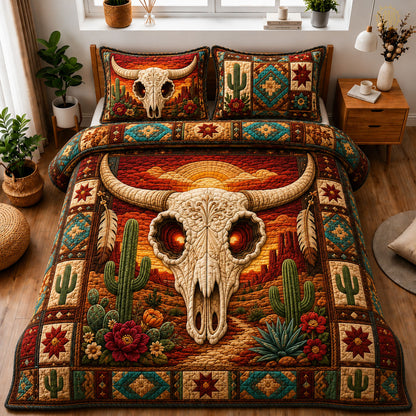 Southwestern Longhorn Skull Sunset 3-Piece Quilted Bedding Set GFTOHNL1258