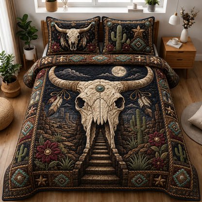 Moonlit Longhorn Skull Desert Portal 3-Piece Quilted Bedding Set GFTOHNL1259