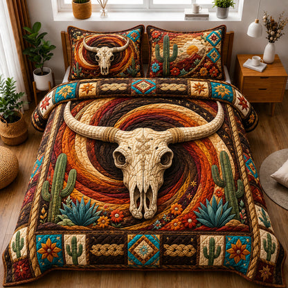 Southwestern Longhorn Skull Vortex 3-Piece Quilted Bedding Set GFTOHNL1260