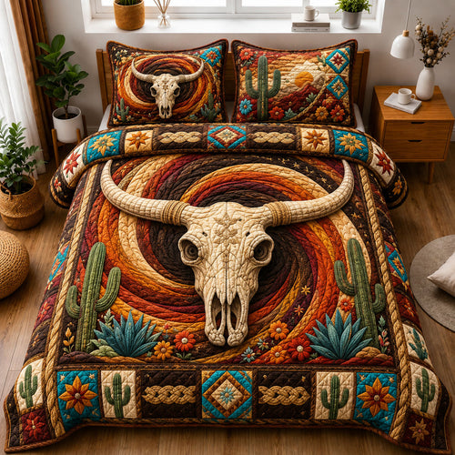 Southwestern Longhorn Skull Vortex 3-Piece Quilted Bedding Set GFTOHNL1260