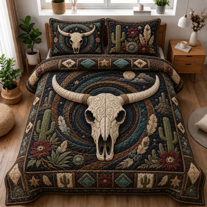 Boho Desert Longhorn Skull Nightscape 3-Piece Quilted Bedding Set GFTOHNL1261