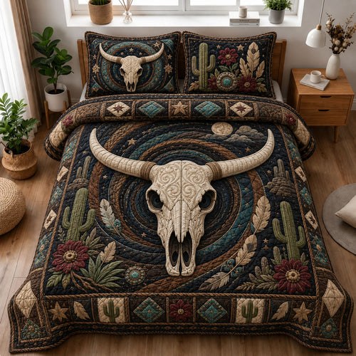 Boho Desert Longhorn Skull Nightscape 3-Piece Quilted Bedding Set GFTOHNL1261