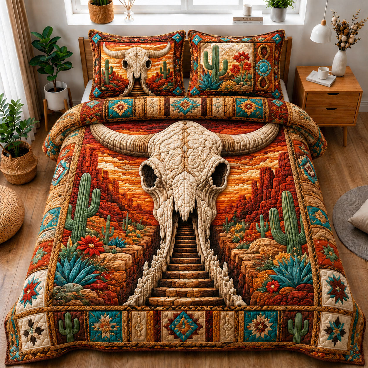 Southwestern Longhorn Skull Canyon Stairway 3-Piece Quilted Bedding Set GFTOHNL1262