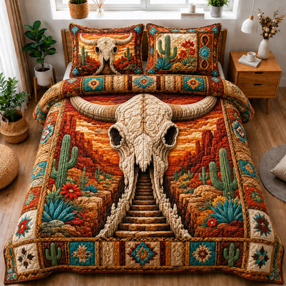 Southwestern Longhorn Skull Canyon Stairway 3-Piece Quilted Bedding Set GFTOHNL1262