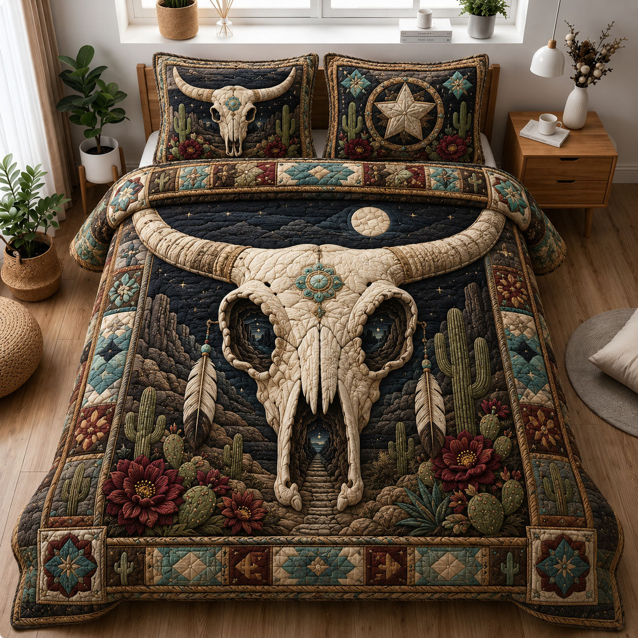 Southwestern Longhorn Skull Desert 3-Piece Quilted Bedding Set GFTOHNL1263