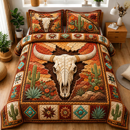Southwestern Longhorn Skull Cracked Earth 3-Piece Quilted Bedding Set GFTOHNL1264
