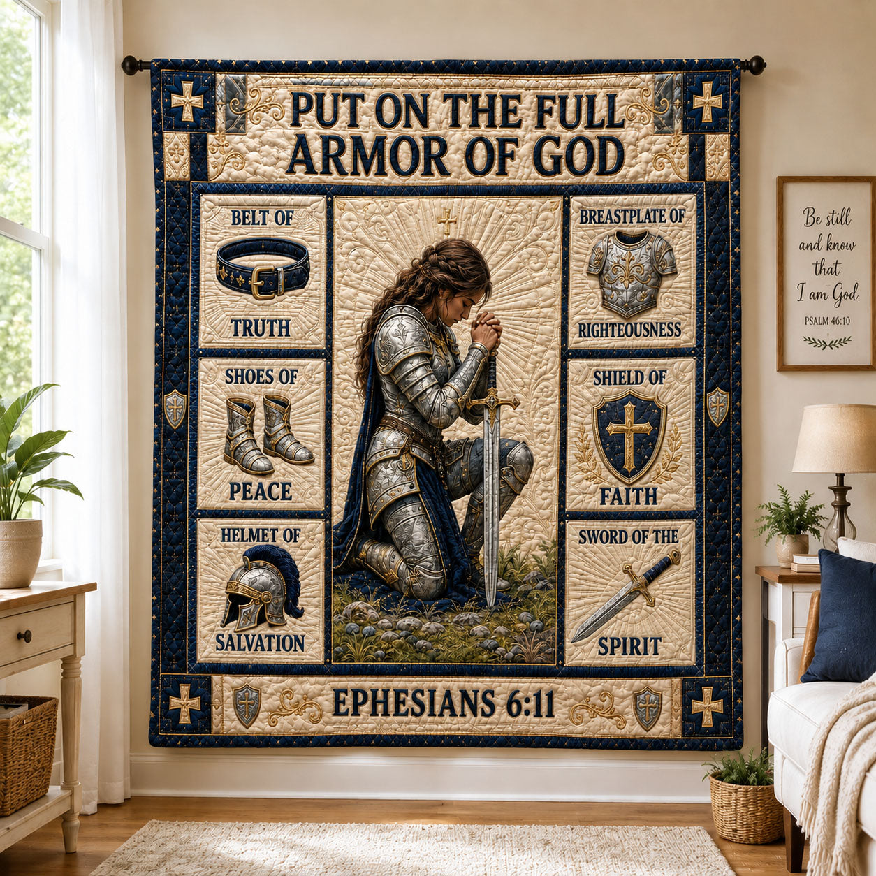 Navy Faith Warrior Sampler Armor Of God Quilted Blanket GFTOHNL1308