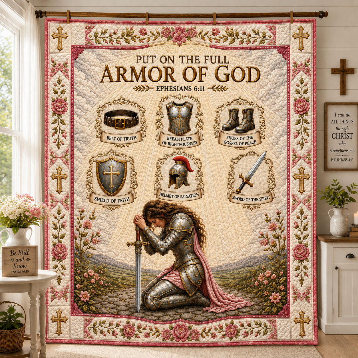 Pink Floral Prayer Armor Of God Quilted Blanket GFTOHNL1309