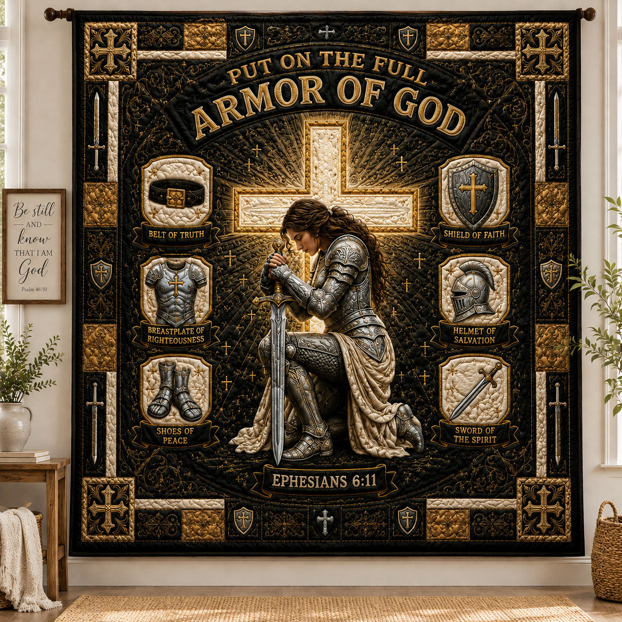 Black Gold Divine Warrior Armor Of God Quilted Blanket GFTOHNL1311