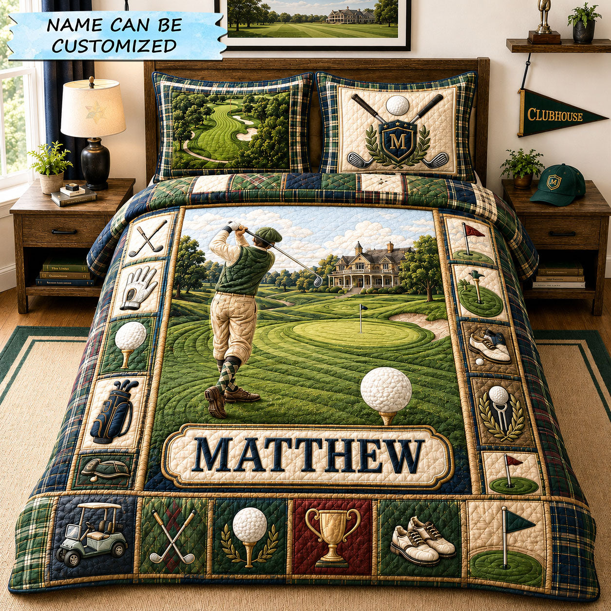 Personalized Golf Clubhouse Swing 3-Piece Quilted Bedding Set QTCUZ GFTOHNL1313
