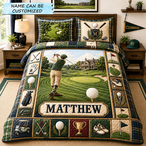 Personalized Golf Clubhouse Swing 3-Piece Quilted Bedding Set QTCUZ GFTOHNL1313
