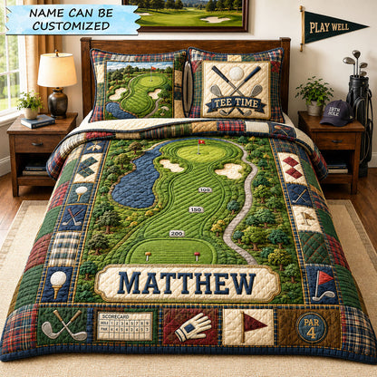 Personalized Tee Time Golf Course 3-Piece Quilted Bedding Set QTCUZ GFTOHNL1314