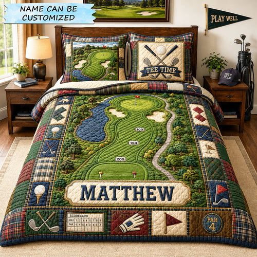 Personalized Tee Time Golf Course 3-Piece Quilted Bedding Set QTCUZ GFTOHNL1314
