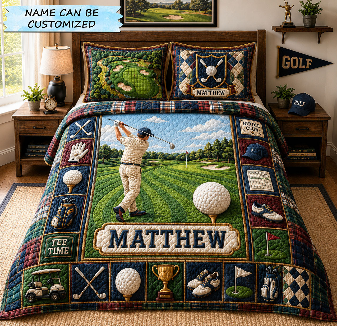Personalized Fairway Golfer 3-Piece Quilted Bedding Set QTCUZ GFTOHNL1315